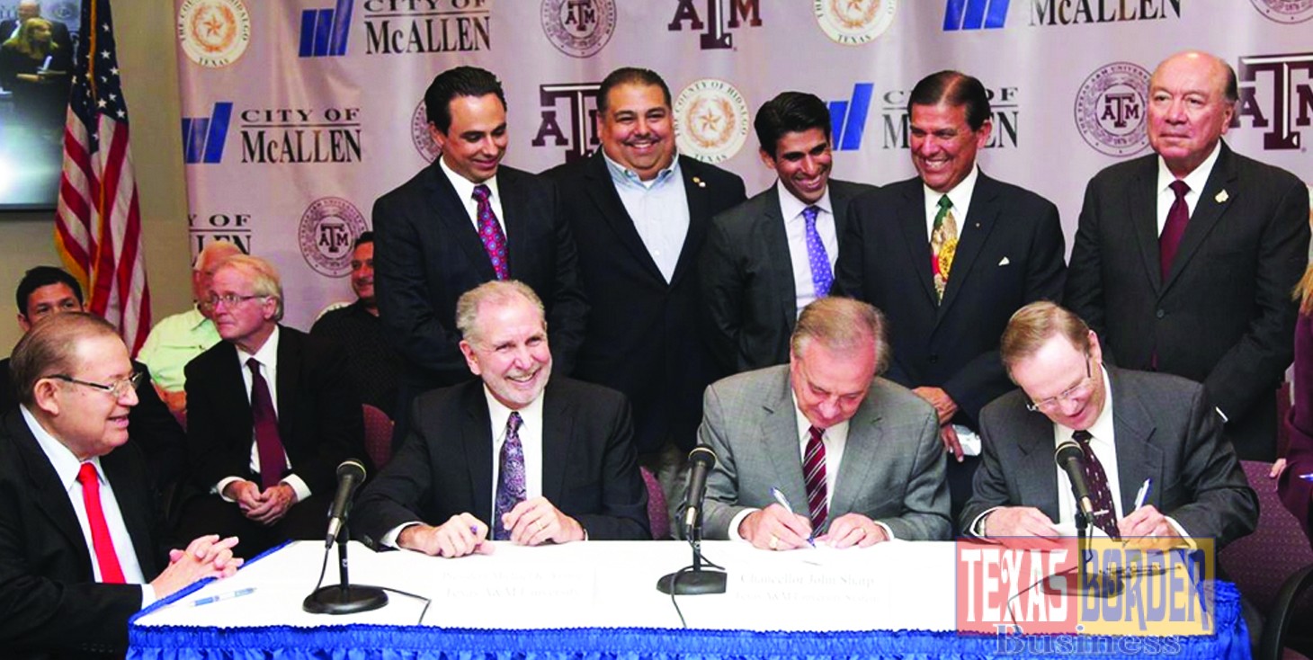 Pictured on the bottom left corner: from L-R-  Chancellor John Sharp of Texas A&M University and probably the proudest city mayor in Texas, Jim Darling, McAllen Mayor.   Pictured on the background: front row from left, Hidalgo County Judge Ramon Garcia, Texas A&M University President Michael K. Young, Texas A&M University System Chancellor John Sharp and McAllen Mayor Jim Darling. Back row from left are State Rep. Terry Canales, State Rep. Ryan Guillen, State Rep. Eddie Lucio III, Sen. Eddie Lucio Jr. and Sen. Juan “Chuy” Hinojosa. Also present was Congressman Ruben Hinojosa. Photo courtesy the City of McAllen.