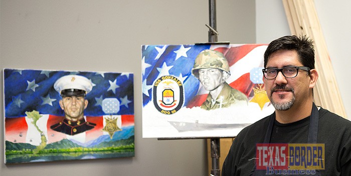 UTRGV graduate student Ramiro Peña proudly displays two paintings of Edinburg hometown war hero Alfredo “Freddy” Gonzalez that will be converted into two large-scale murals at the Edinburg H-E-B on West Freddy Gonzalez Drive. The 8-foot by 12-1/2-foot murals will be completed by May 2016. (UTRGV Photo by Paul Chouy)